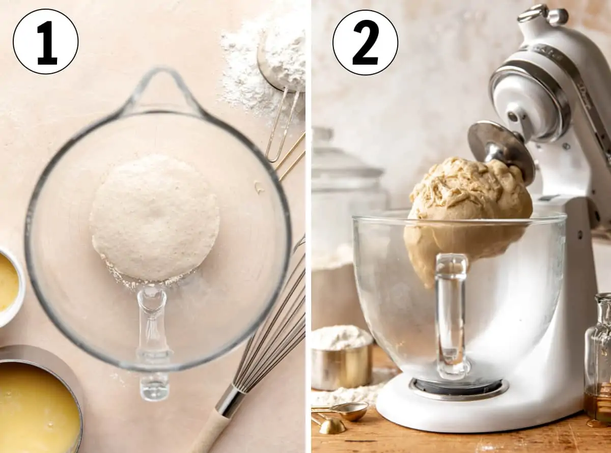 How to make texas roadhouse rolls, showing proofing the yeast, mixing the dough in a stand mixer. 