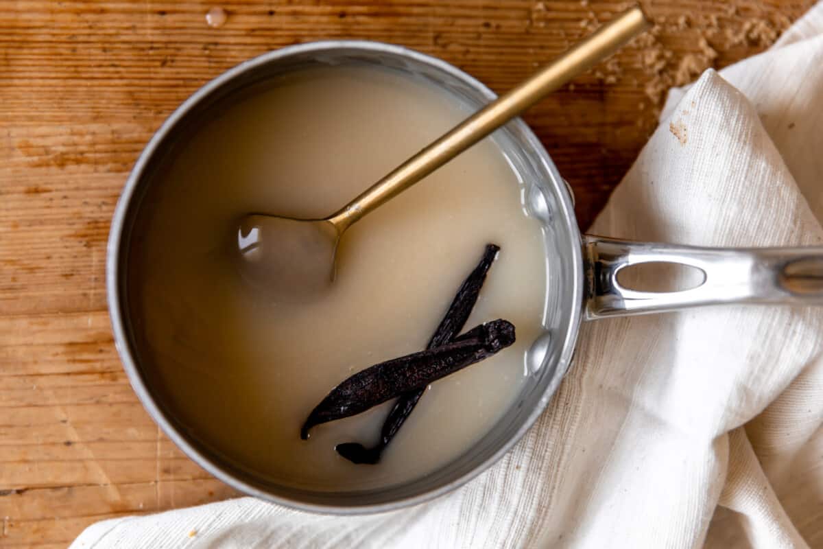 Vanilla syrup in a saucepan for bread pudding. 