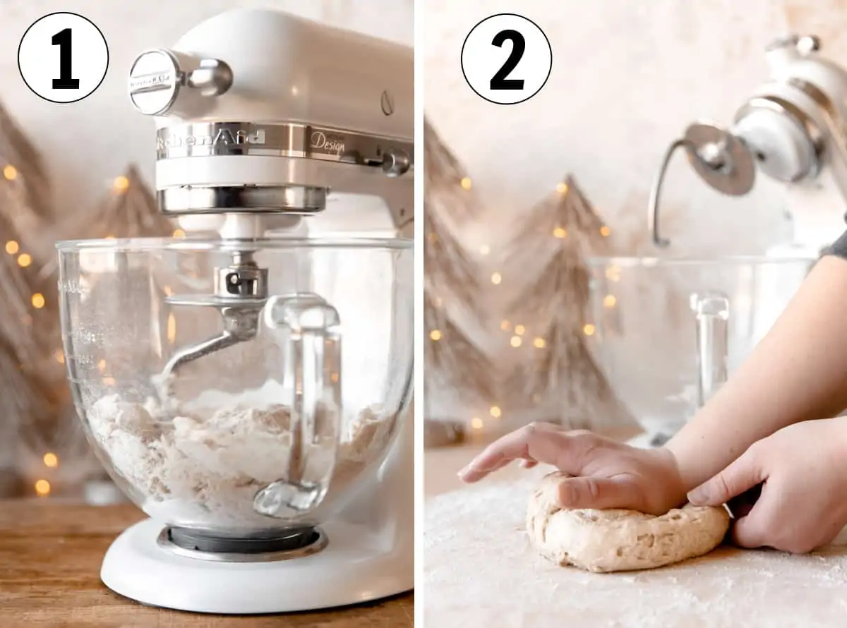 How to make bunuelos showing mixing the dough in a stand mixer and then kneading the dough on a work surface.