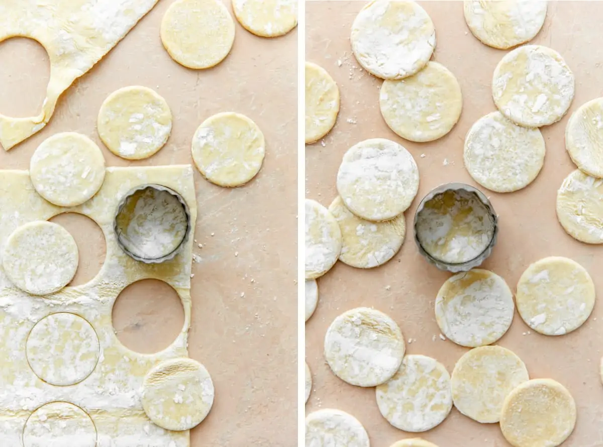 Biscuit cutter cutting out circles of puff pastry. 