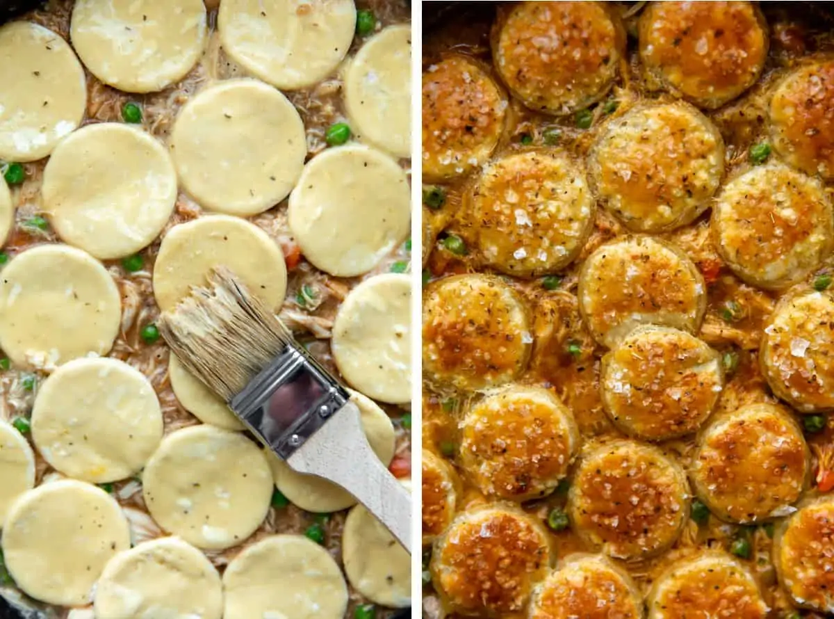 Collage showing a brush doing an egg wash on puff pastry and after being baked.
