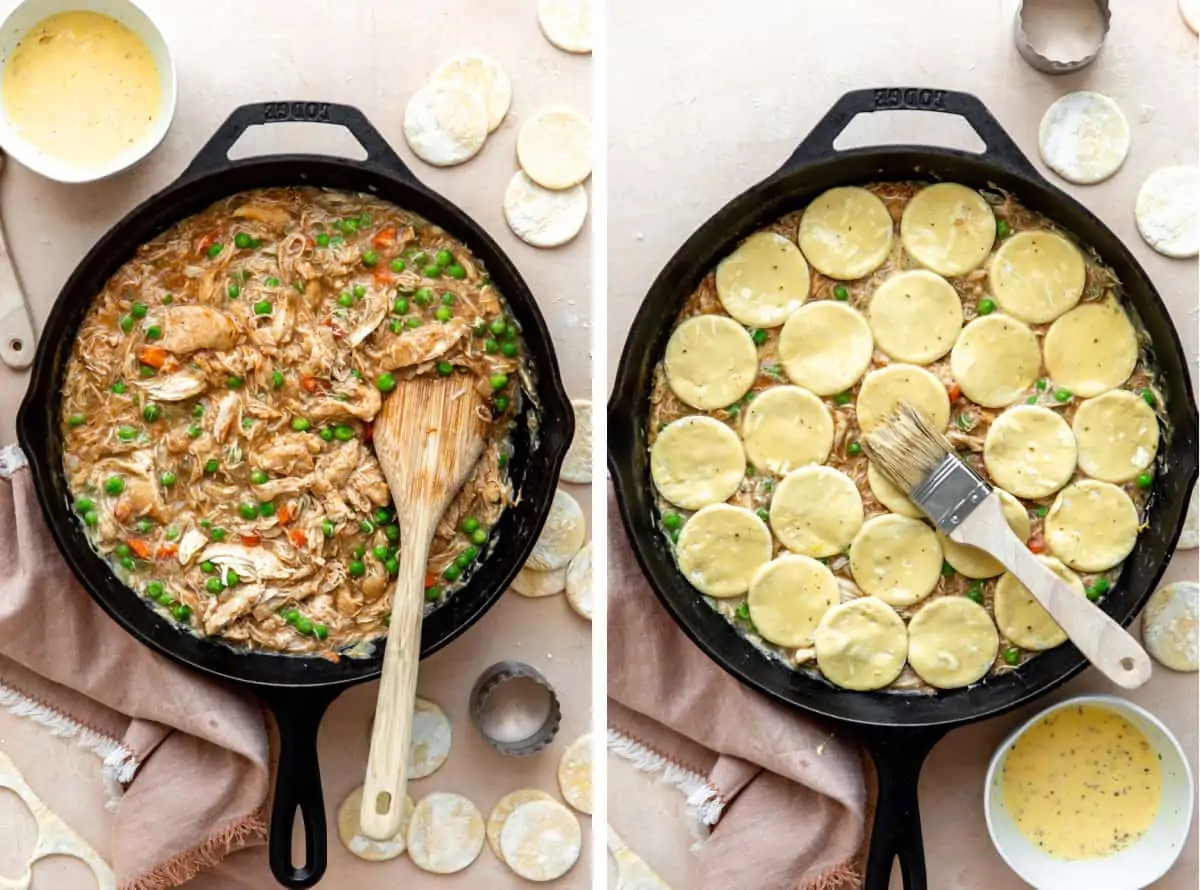 Collage showing pot pie filling in a cast iron skillet and then topped with circles of puff pastry.