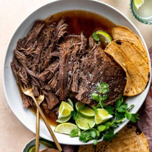 Bowl of shredded Mexican brisket for tacos.