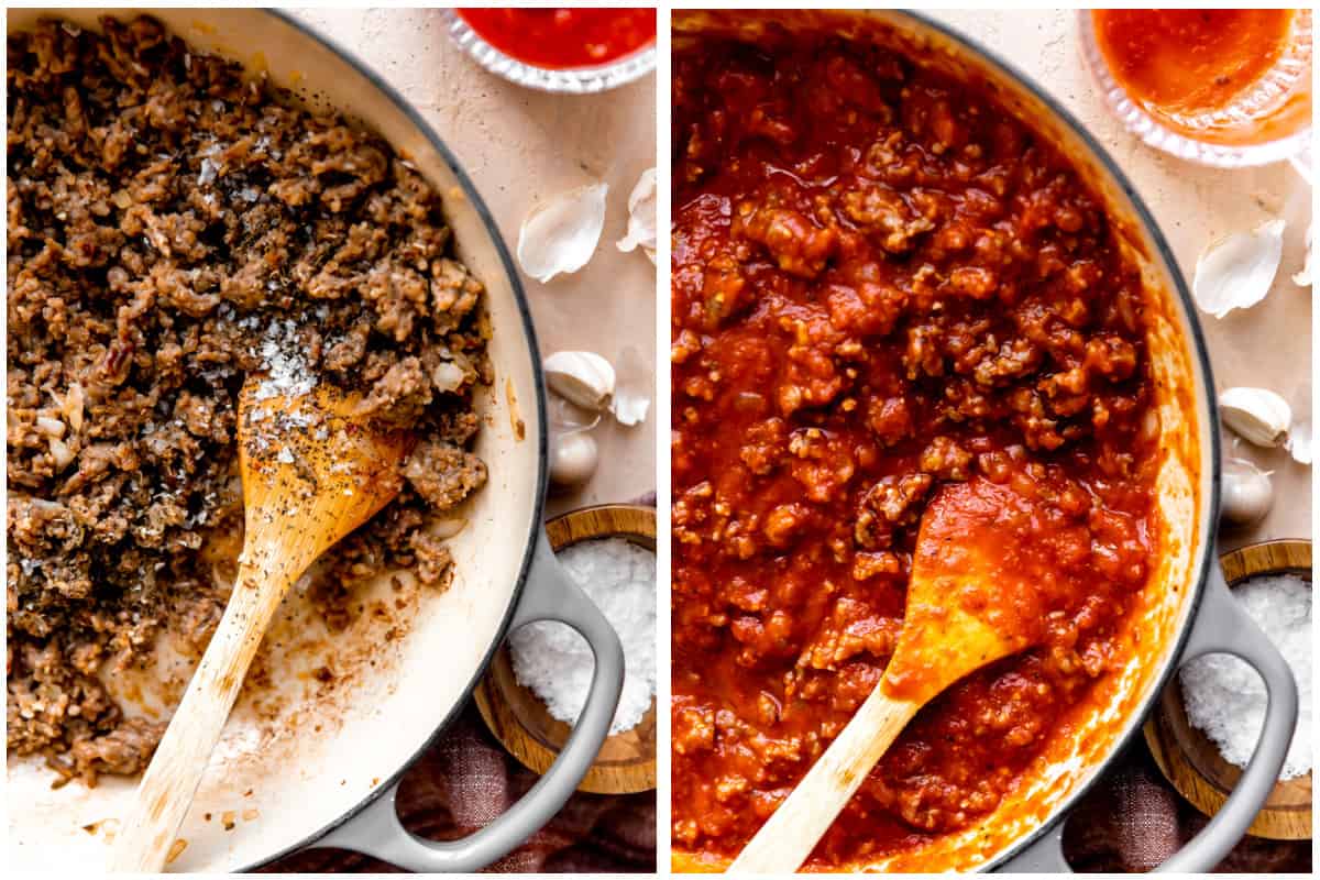 Cooked sausage in a skillet then with marinara added to it. 