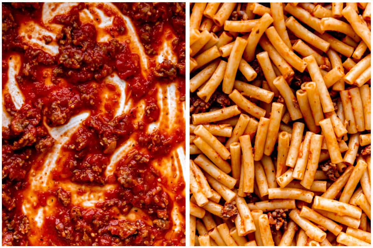 Sauce spread in a baking dish, then noodles coated with sauce layered on top. 