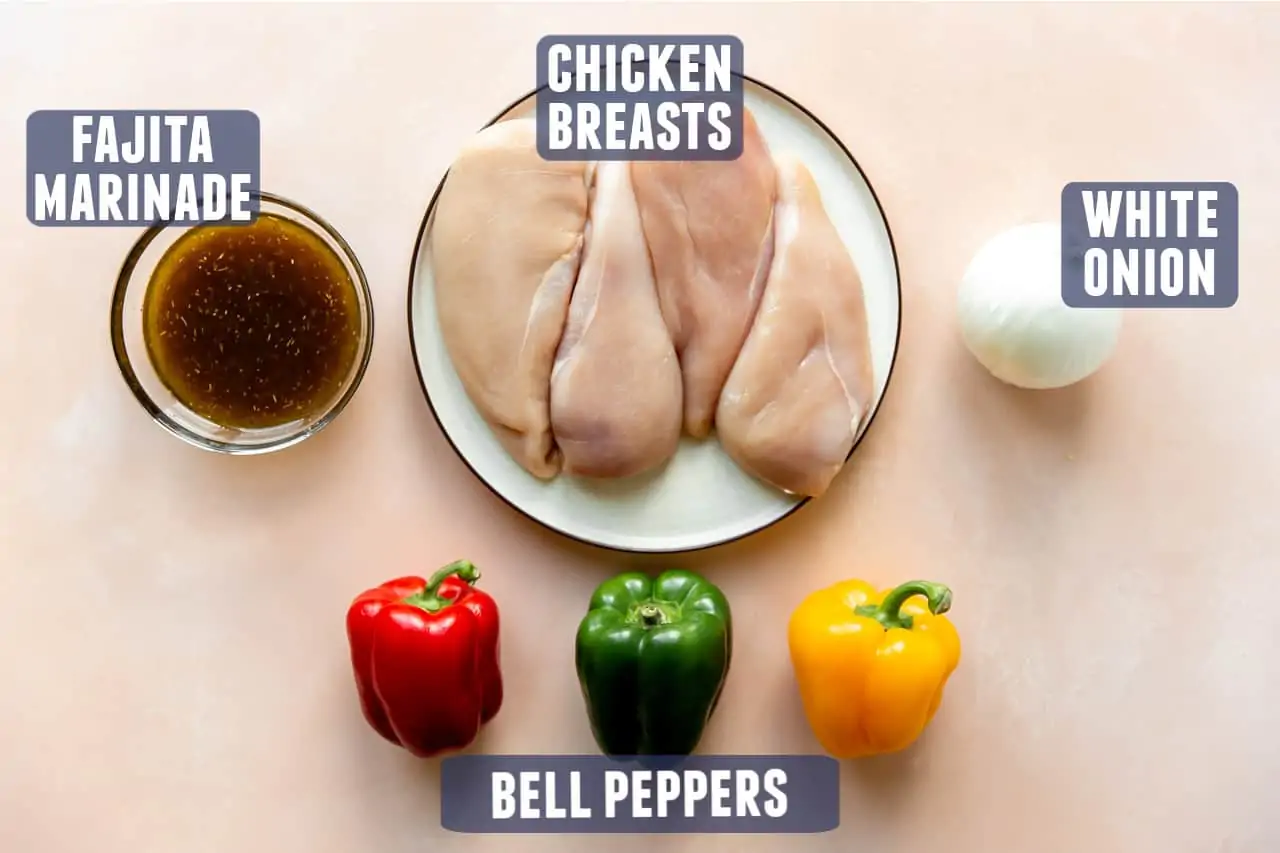 Ingredients needed for chicken fajitas laid on the counter. 