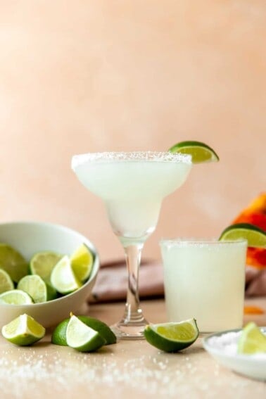 Margarita glass filled with frozen lime margarita.