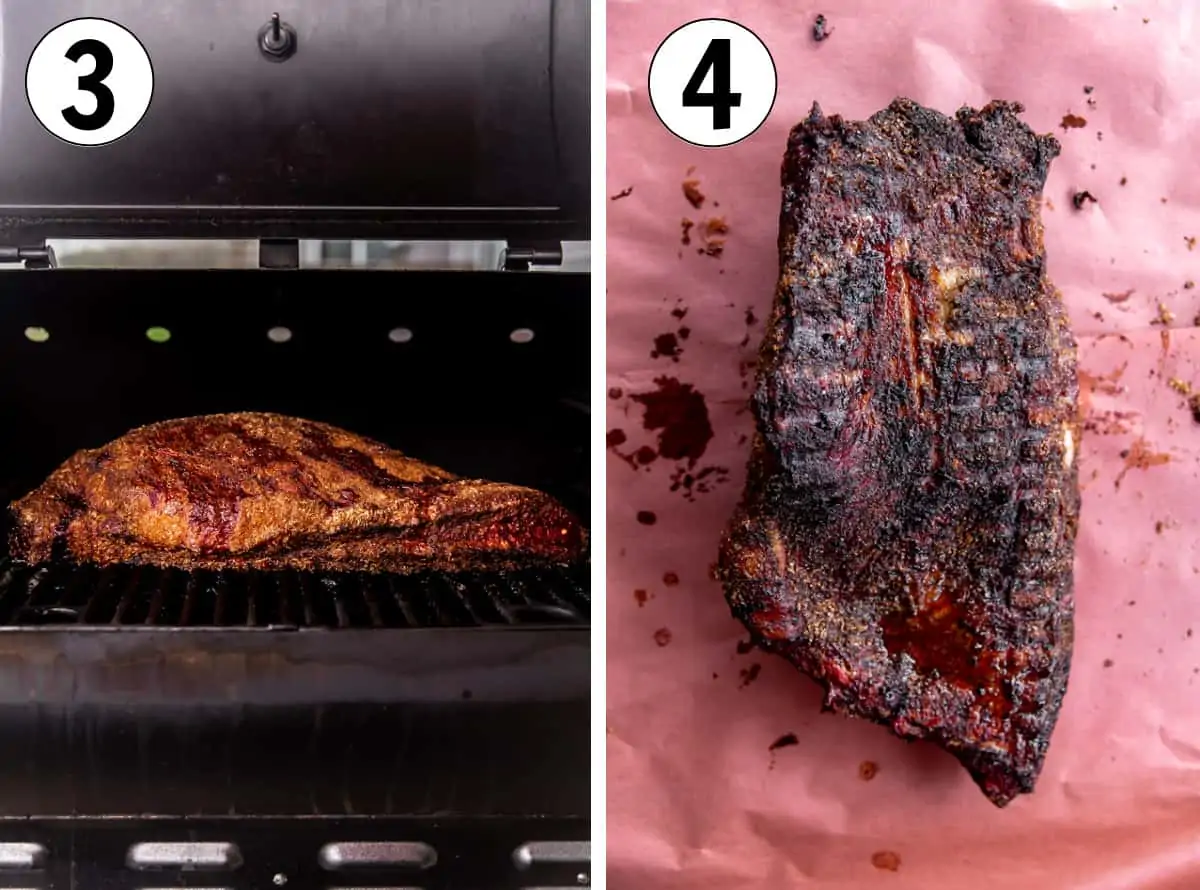 Brisket on the smoker, then a smoked brisket on peach paper showing a dark bark.