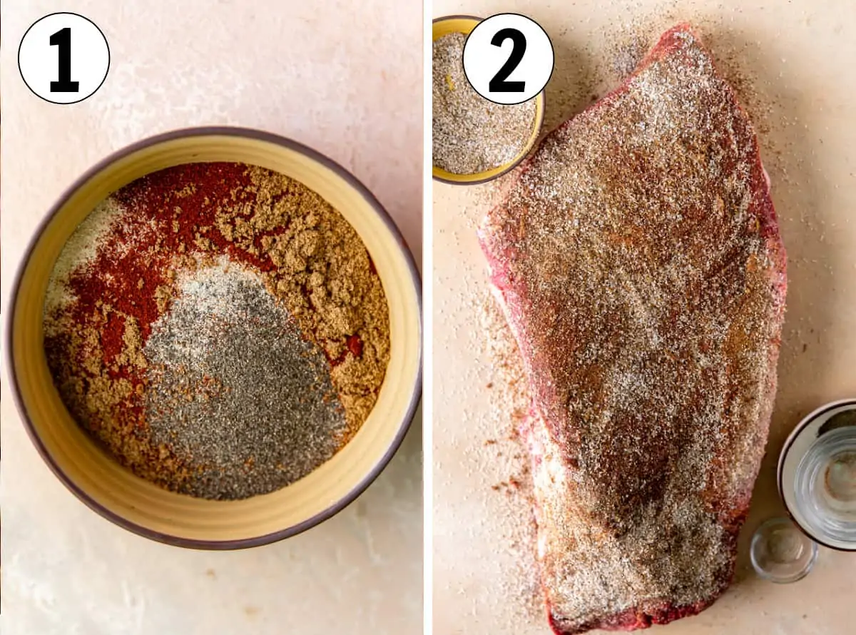 Step by step preparing a brisket for smoking, rub ingredients in a small bowl, rub being added to the top of the brisket.