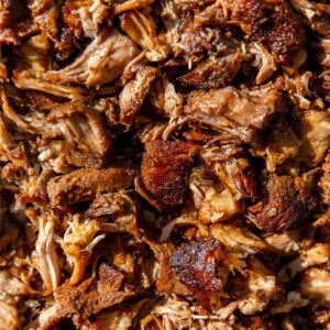 Up close view of shredded pork that has been crisped under a broiler.