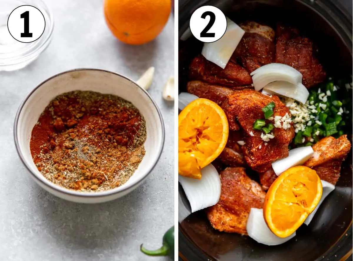 Step by step how to make carnitas showing a dry rub being made in a small bowl and then the ingredients being added to a slow cooker.