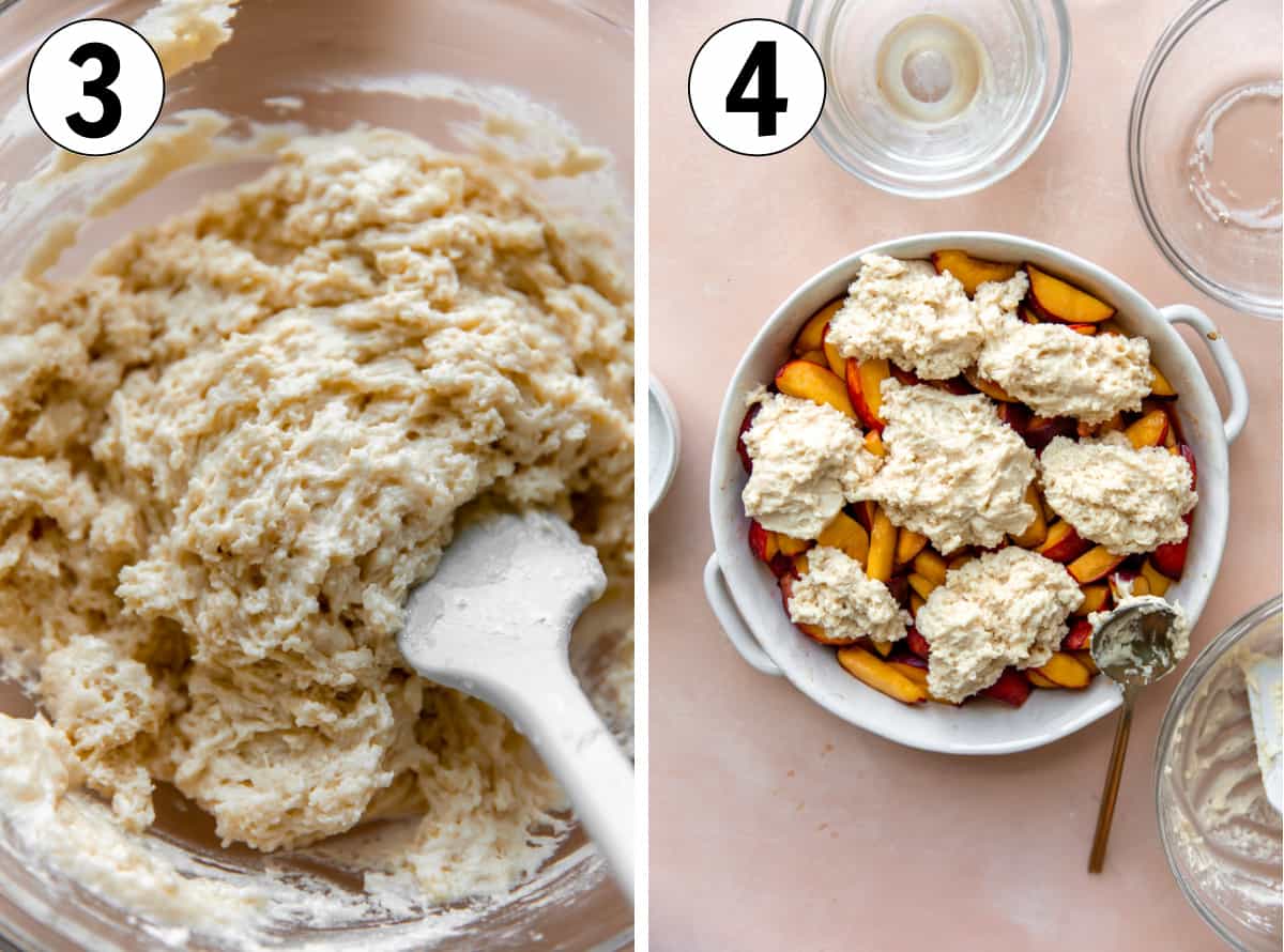 Collage showing how to make batter for cobbler.