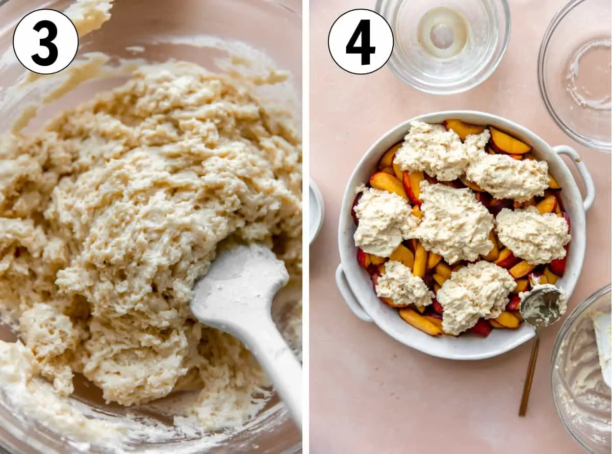 Collage showing how to make batter for cobbler.