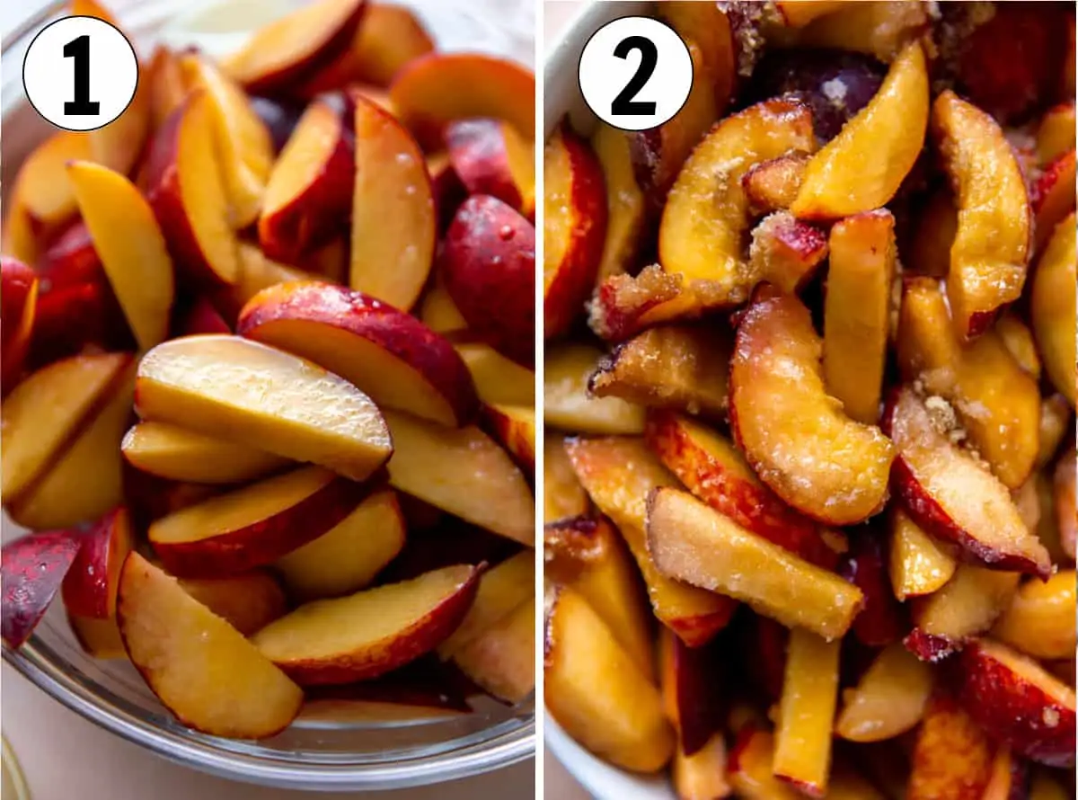 Peaches being prepared for making homemade cobbler.