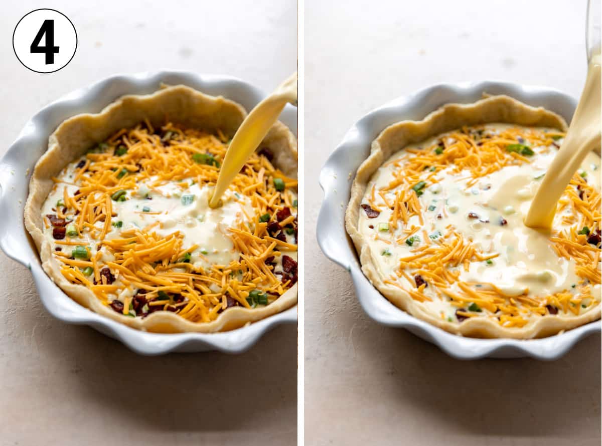 Pouring egg mixture into a pie dish with a baked pie crust and filled with bacon, cheese and green onion.