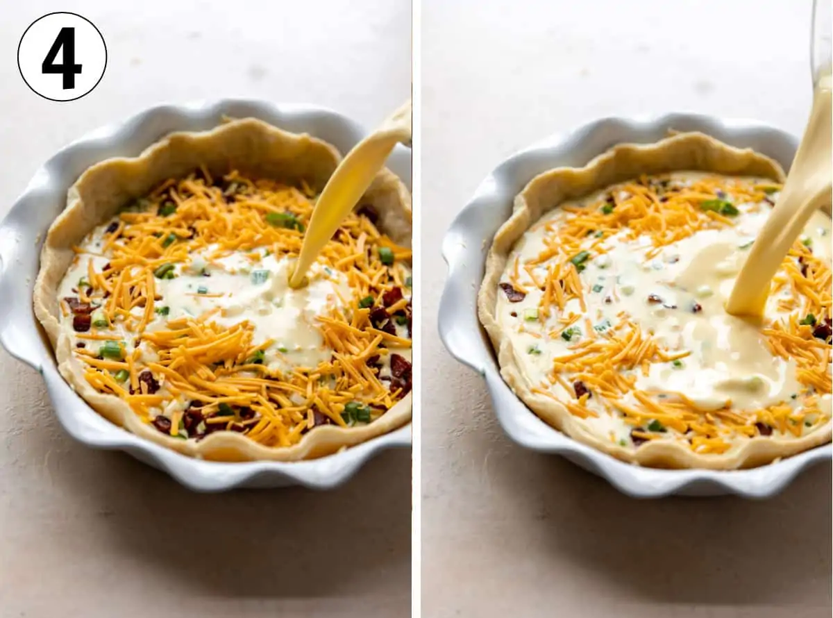 Pouring egg mixture into a pie dish with a baked pie crust and filled with bacon, cheese and green onion.