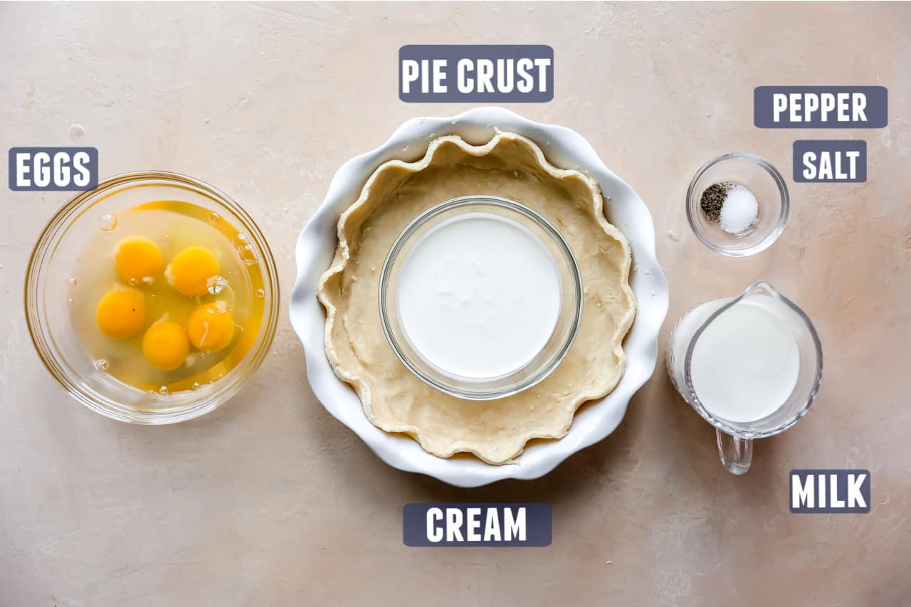 Ingredients needed for a basic quiche recipe laid out on the counter. 