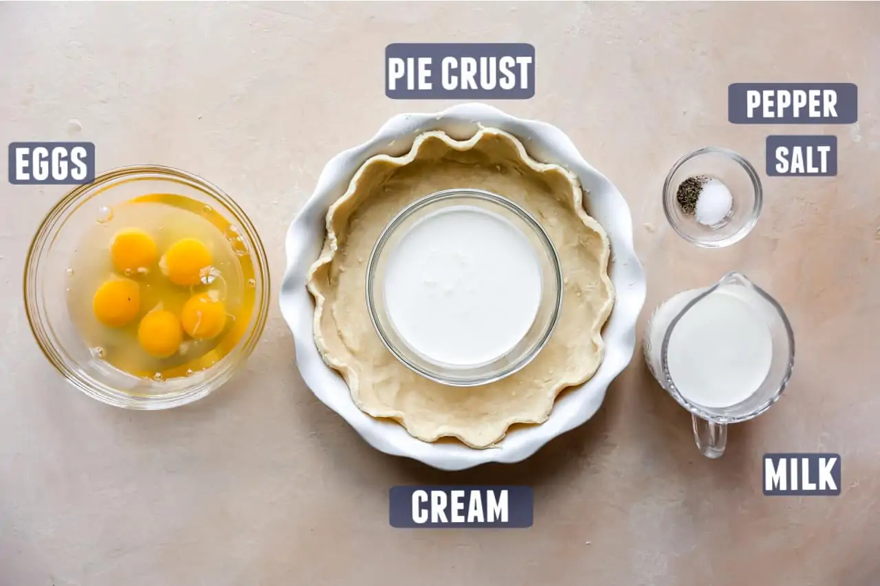 Ingredients needed for a basic quiche recipe laid out on the counter. 