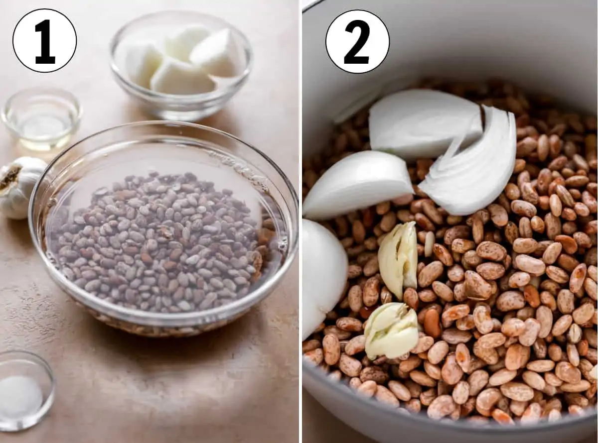Step by step, how to make authentic refried beans. Showing soaking the beans and adding the ingredients to a large pot.