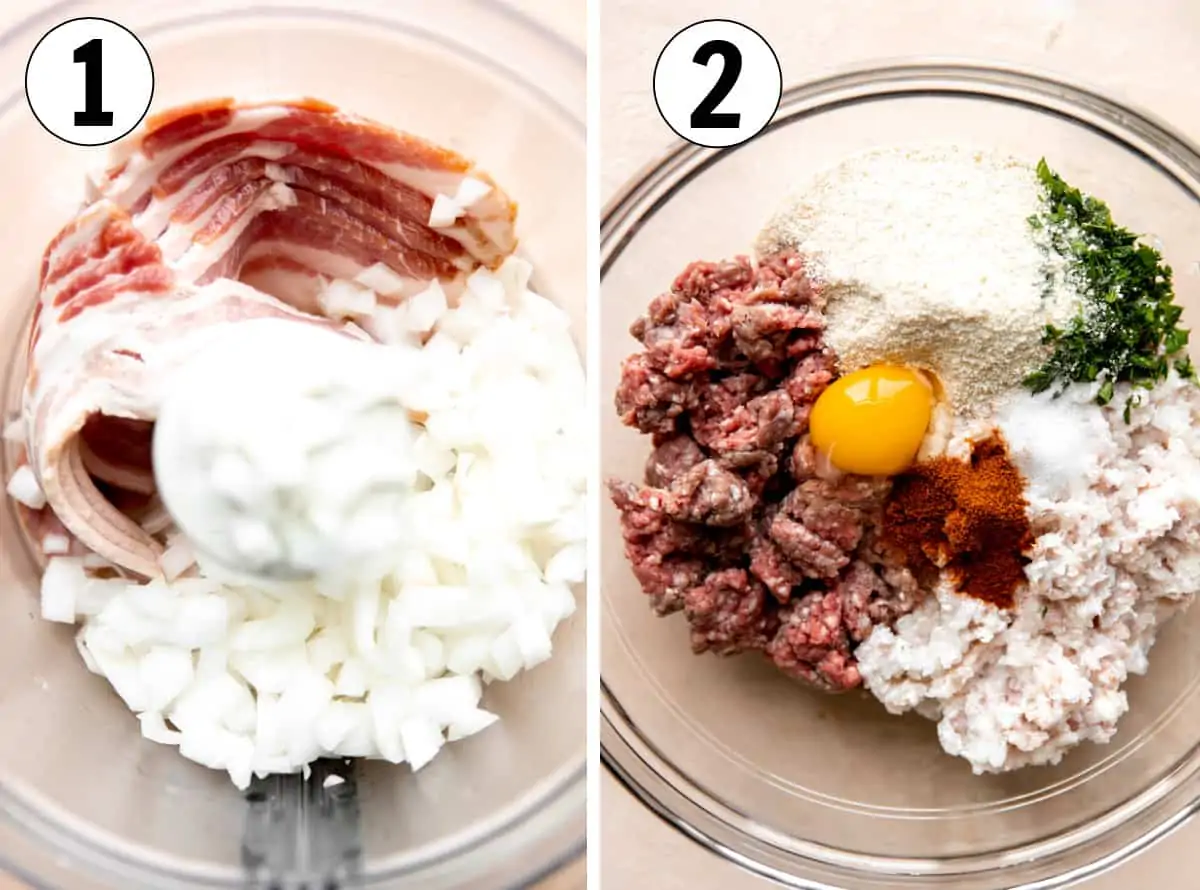 Step by step how to make bacon meatballs, showing processing bacon to grind it and being added to additional ingredients in a glass bowl to mix.
