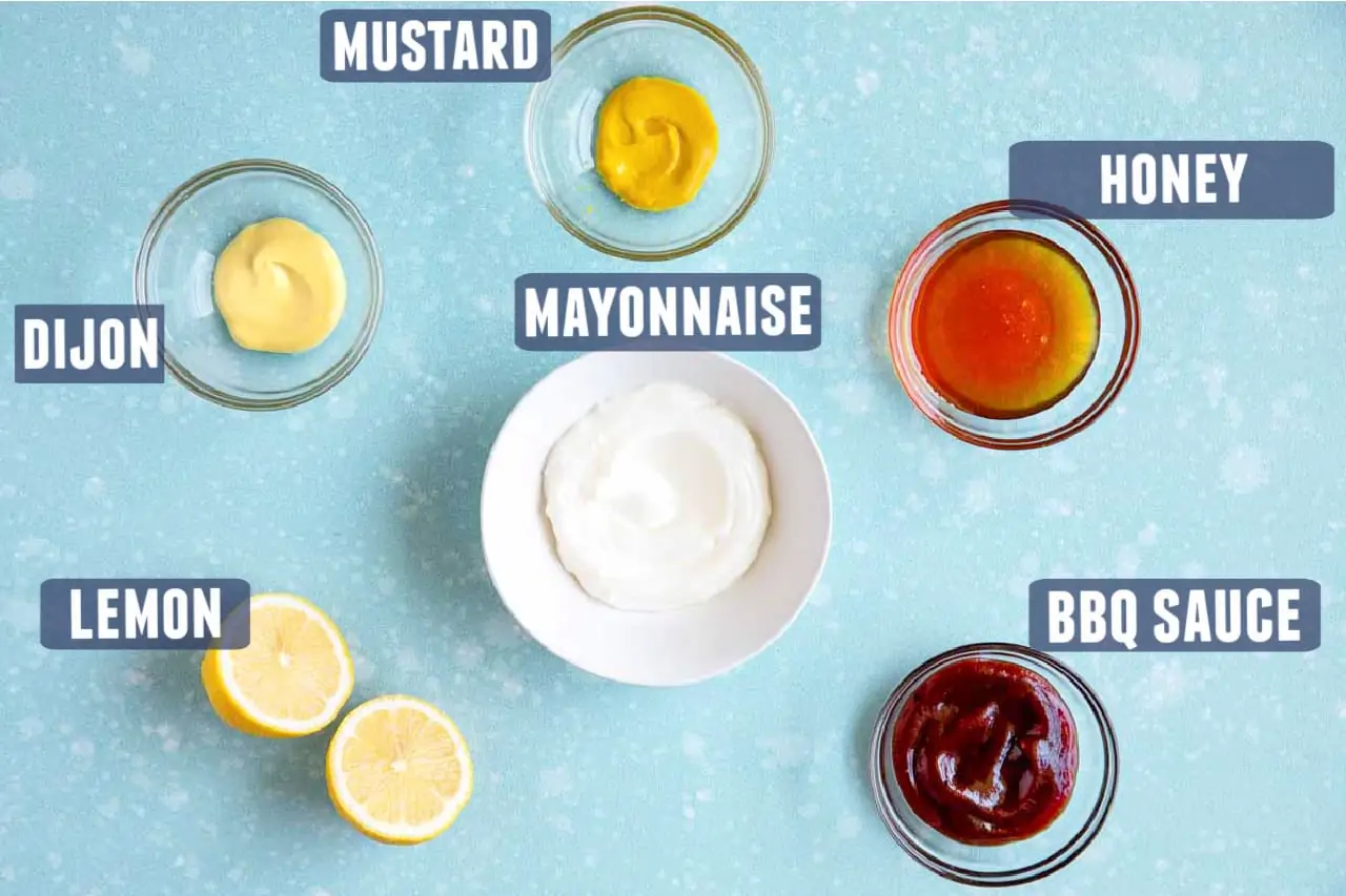 Ingredients needed to make chick fil a sauce laid on counter.