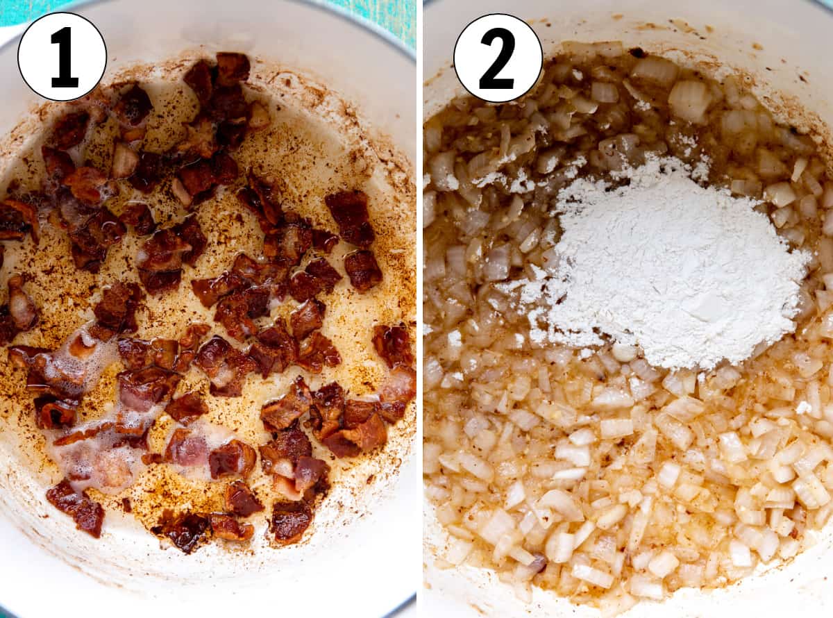 Step by step how to make potato soup, bacon being cooked in a dutch oven, then onion and garlic sautéed in the grease and flour being added.