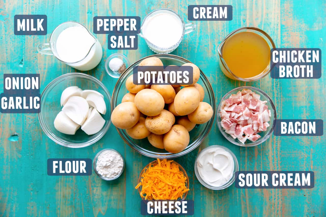 Ingredients needed for potato soup laid on the counter.