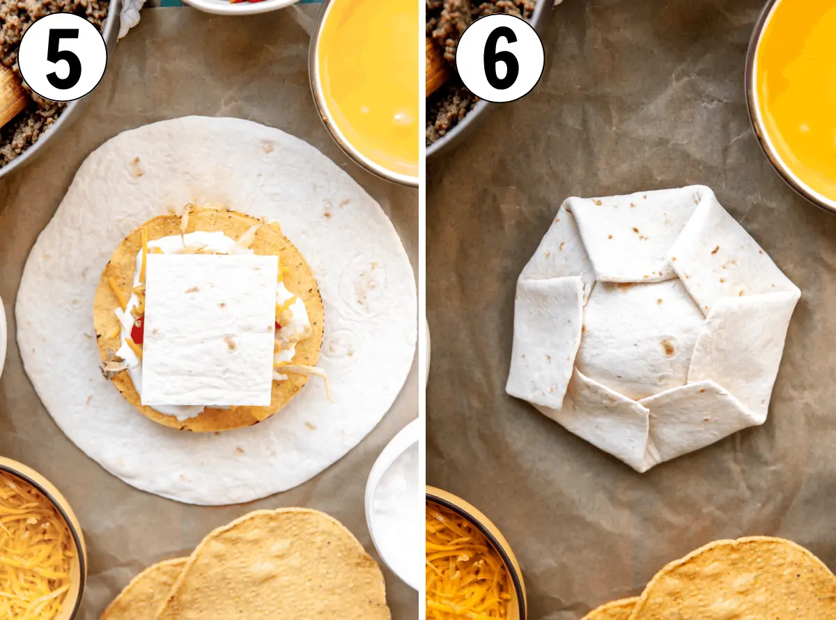 How to make homemade Crunchwraps, showing cooking the ground beef and layering it inside of a large flour tortilla. 