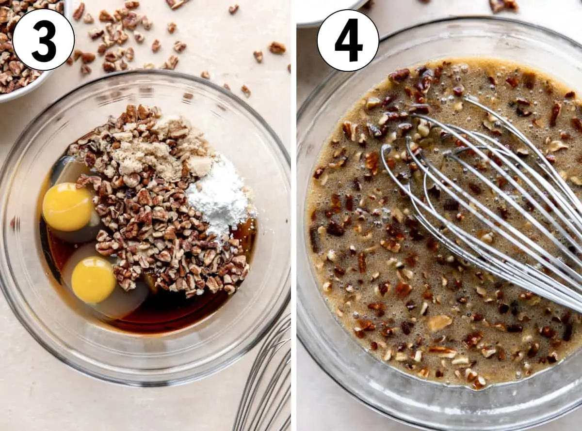 How to make pecan pie bars, showing ingredients for the pecan pie topping in a bowl then mixed together.