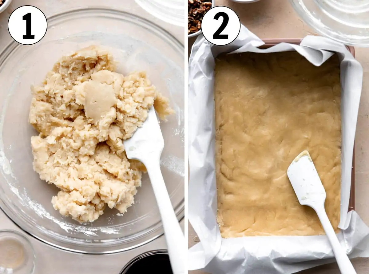 How to make pecan pie bars showing ingredients mixed for crust and pressed into a baking sheet.