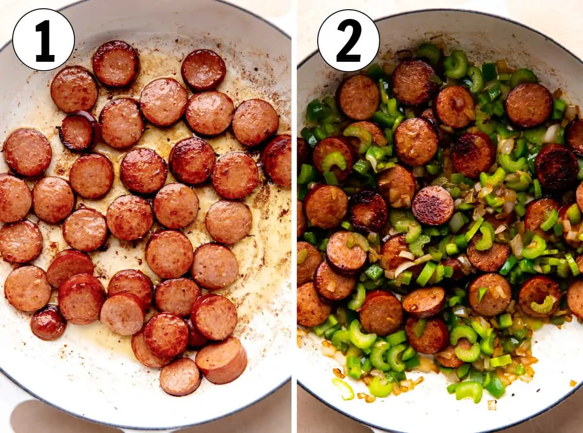 How to make red beans and rice, showing cooking sausage in a skillet, then vegetables added to the skillet with seared sausage. 