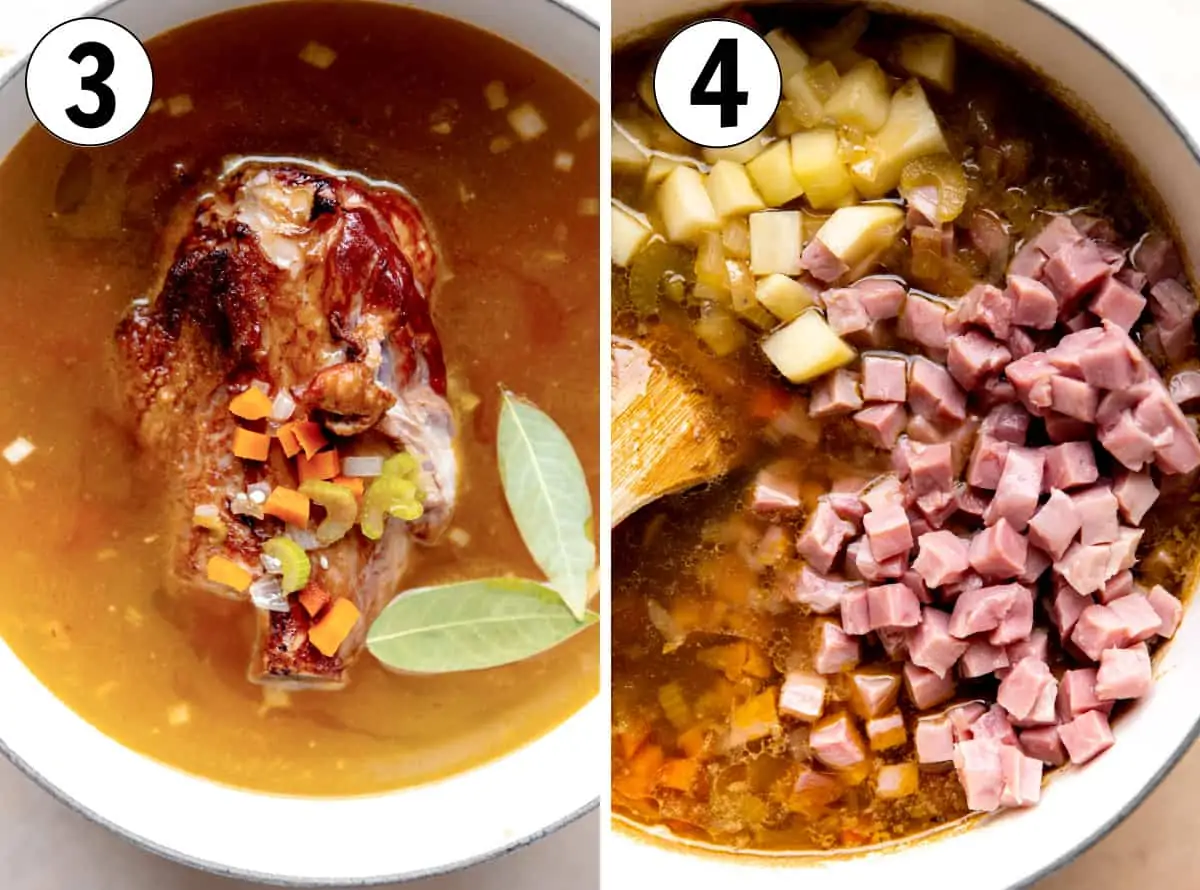 Water added for making broth. Then diced ham and potato added to broth for cooking. 