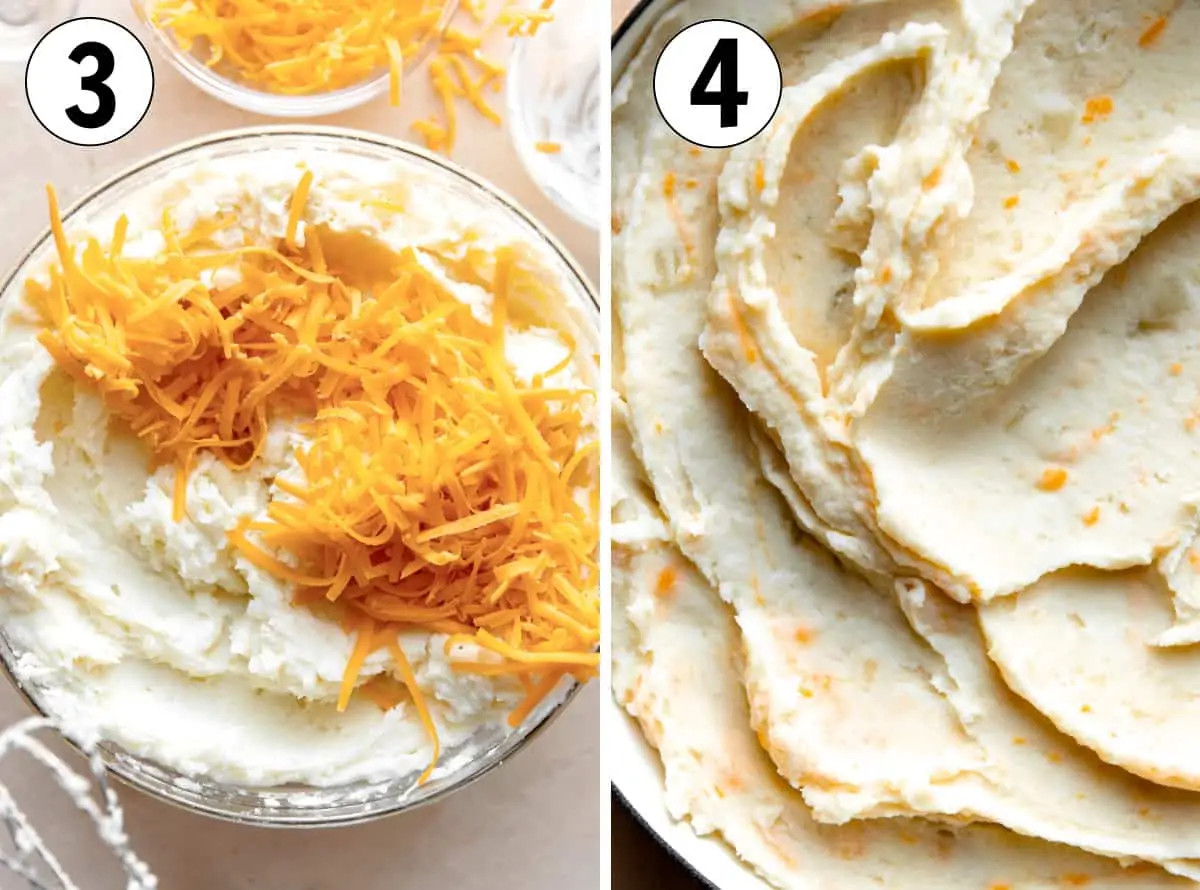Cheese being added to mashed potatoes then mixed and showing a smooth, creamy texture. 