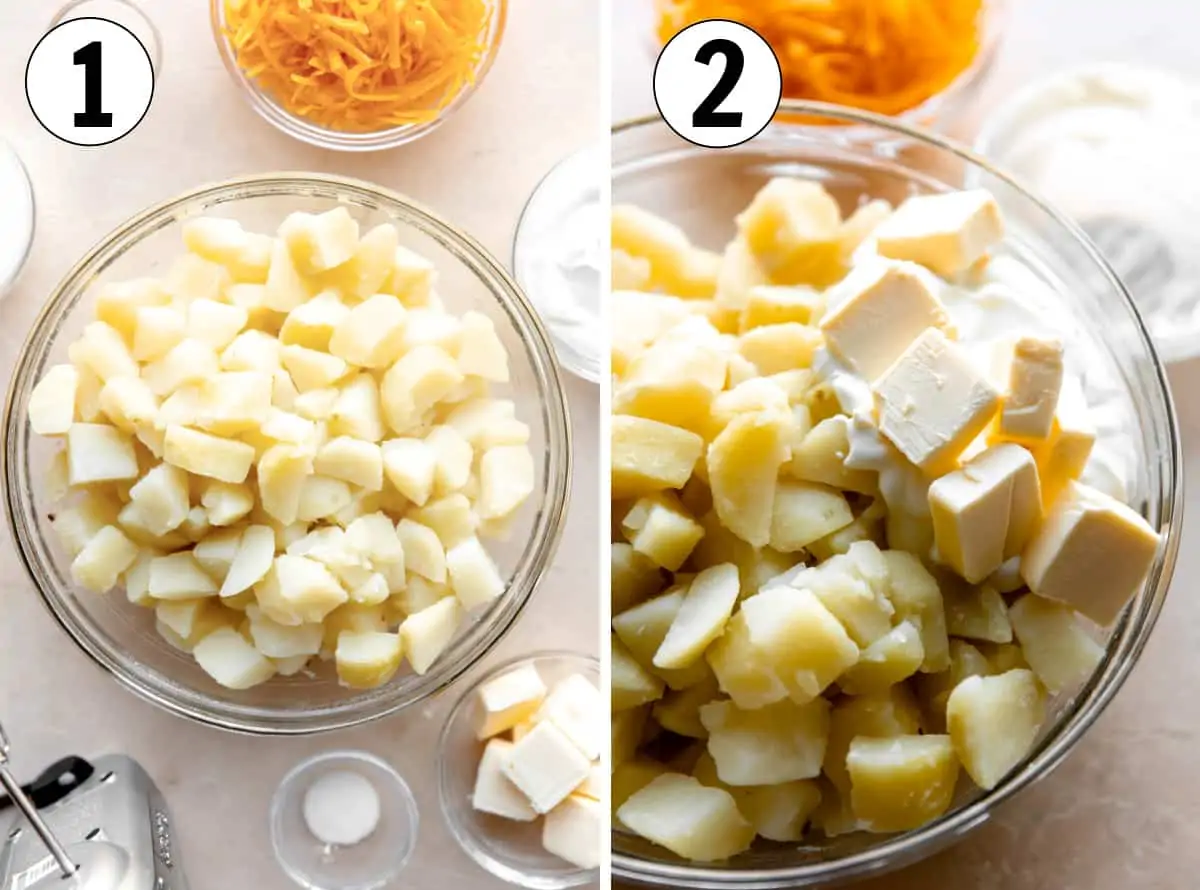 How to make mashed potato casserole, boiled potatoes in a bowl, butter and sour cream added.
