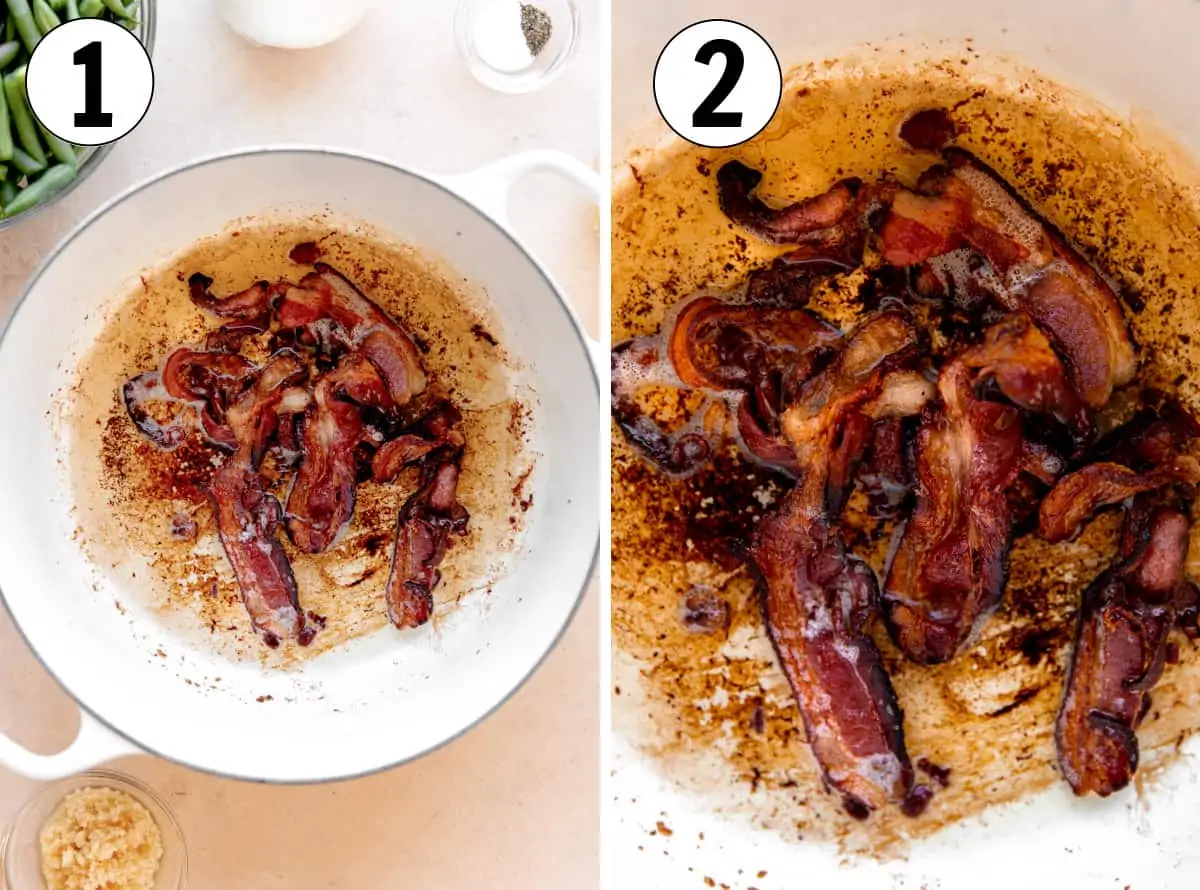 Cooking bacon in a dutch oven until crispy and fat is rendered for green beans.