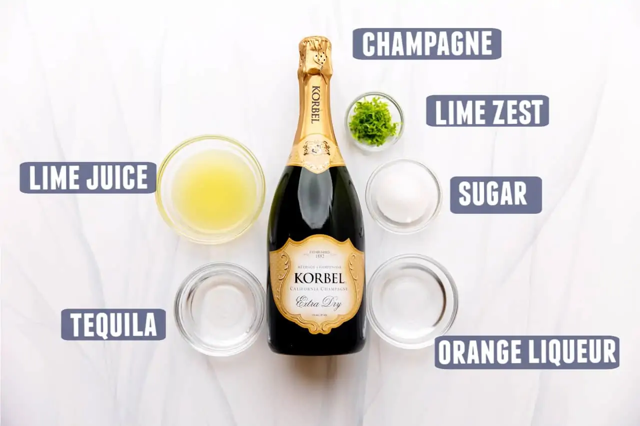 Ingredients needed for champagne margaritas laid out on the counter.