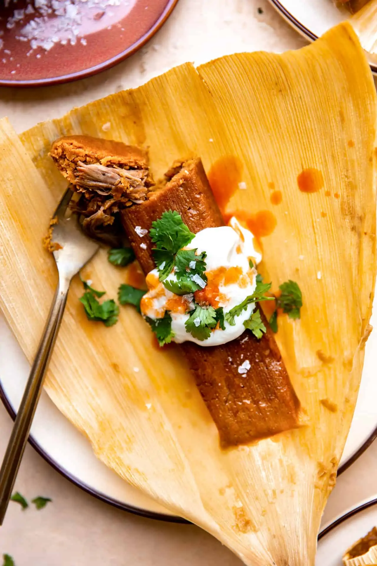 Red Pork Tamales topped with sour cream, cilantro and hot sauce.