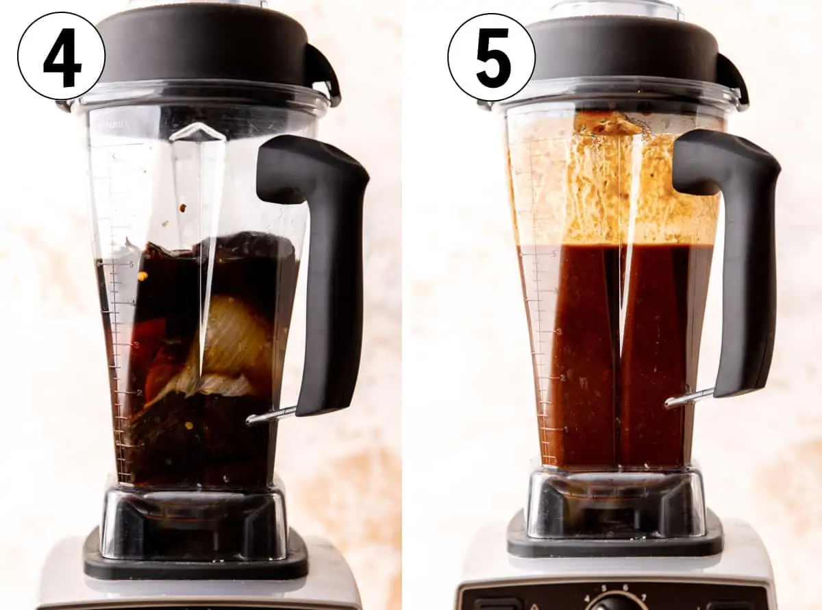 Blending chiles in a blender for making a red Chile sauce for pork and masa tamales.