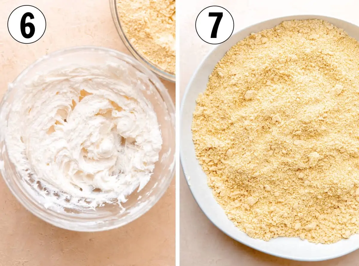 Whipped and fluffy lard in a bowl and then after being combined with dried masa to make masa for tamales.