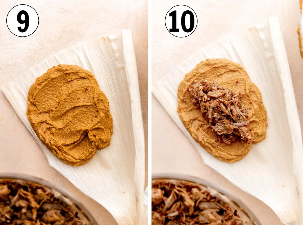 Showing corn husks with masa spread on them and then with meat added in the middle. 