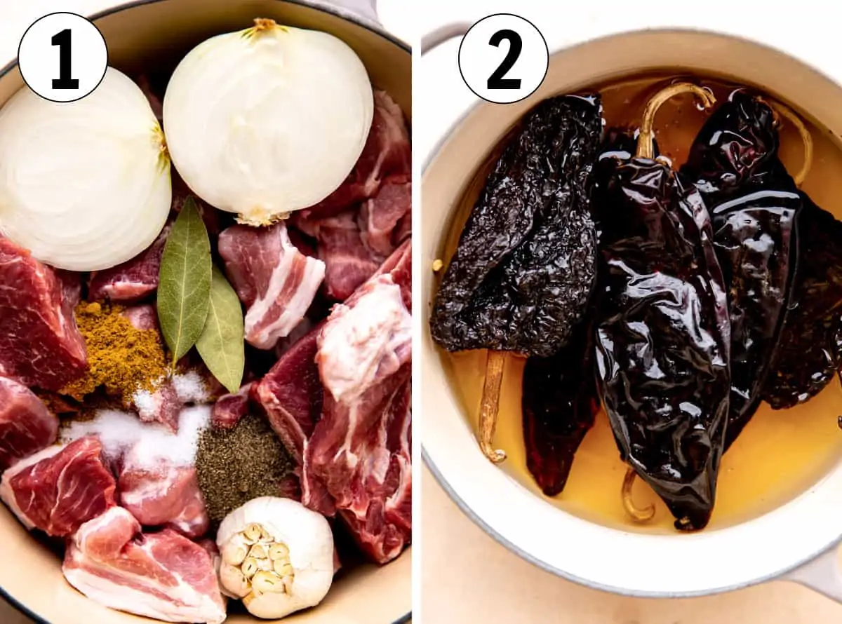 how to make pork tamales showing large pot filled with pork, onion, garlic, seasonings and bay leaves. Plus chiles soaking in hot water. 