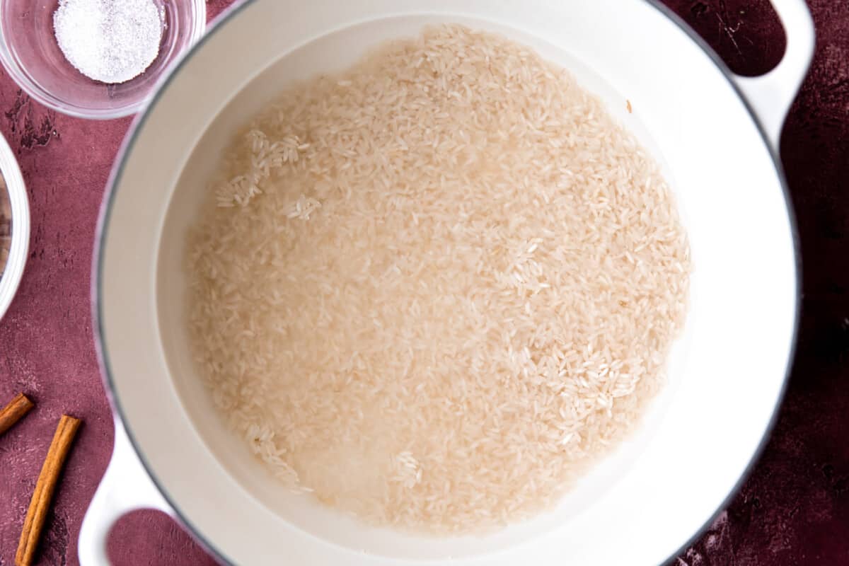 Rice and water in a white dutch oven. 
