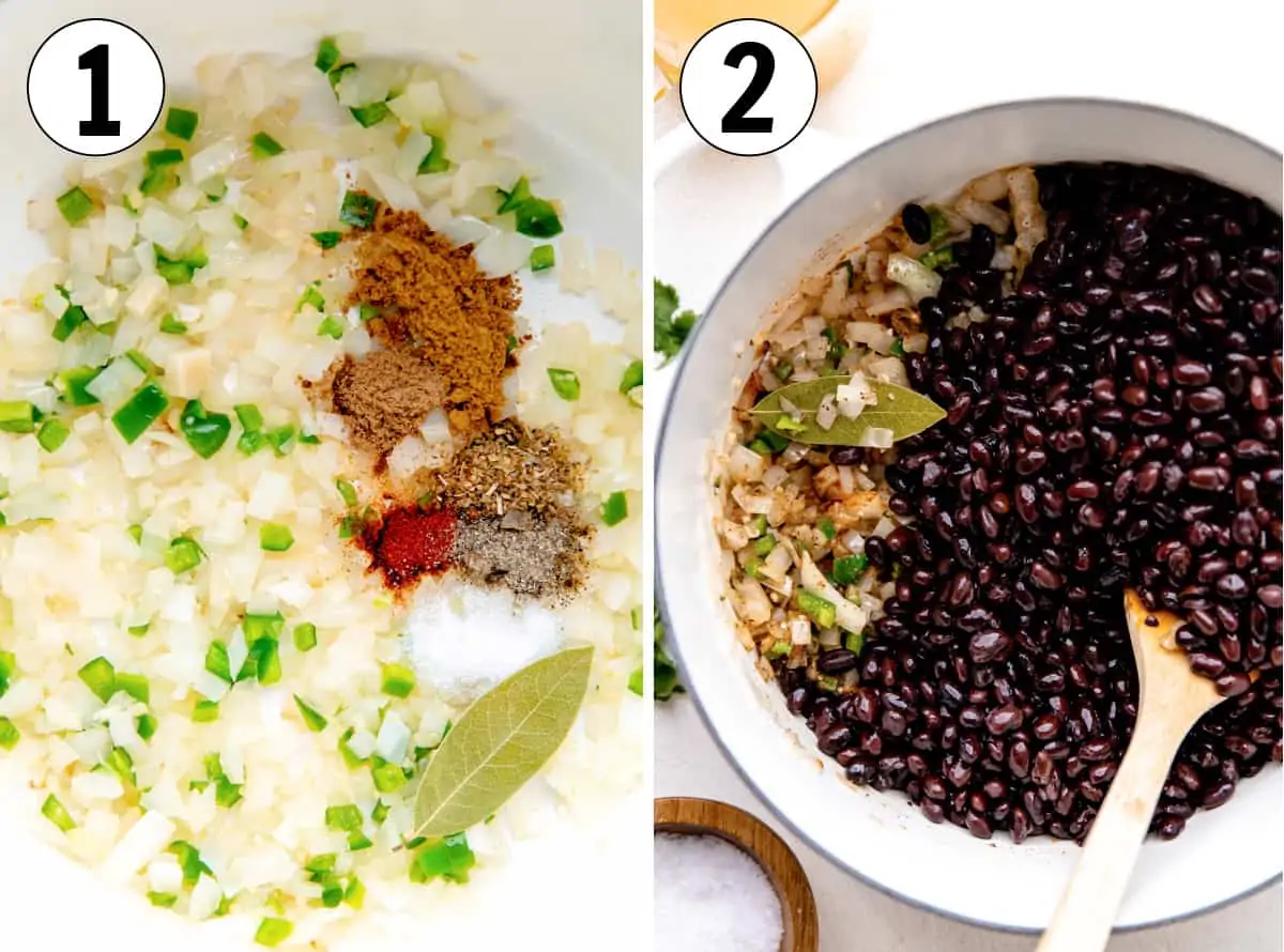 How to make black bean soup, showing sauteing onion and jalapeno in a large pot and spices being added. Then the black beans added and stirred together.
