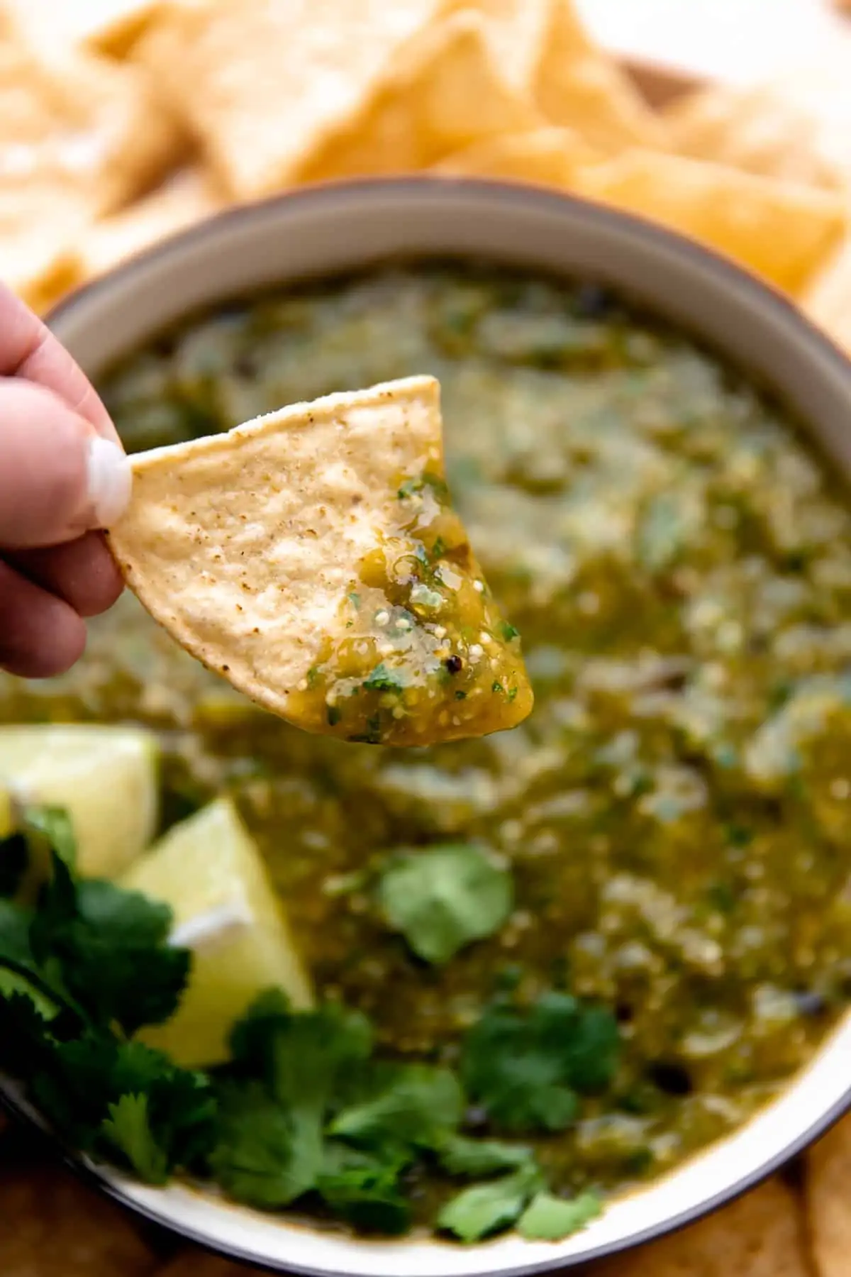 Chip being dipped into homemade salsa verde. 