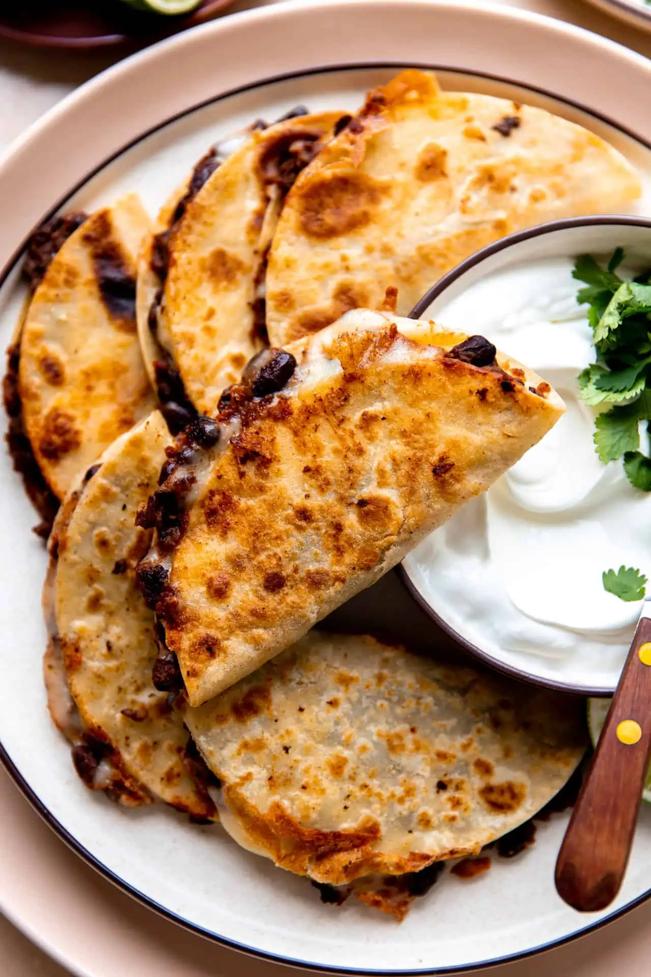 Up close view showing crispy tortillas and gooey cheese inside of vegetarian black bean tacos.