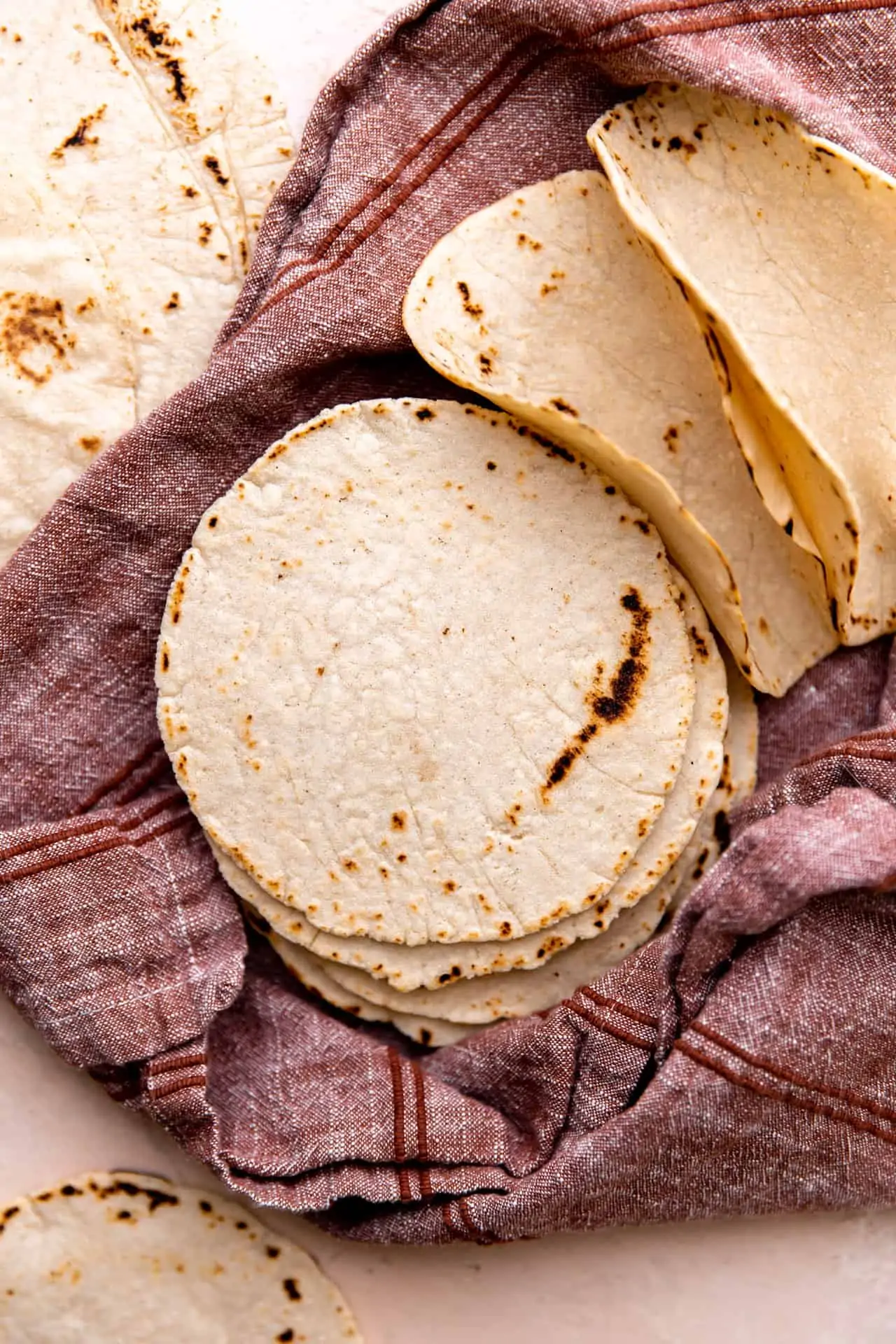 Stack of fresh homemade corn tortillas. 