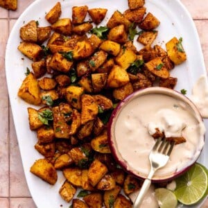 Plate of roasted tex mex seasoned potatoes served with queso.