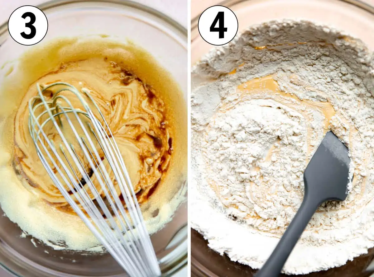 Adding vanilla to the wet ingredients. Dry being added and mixed together.