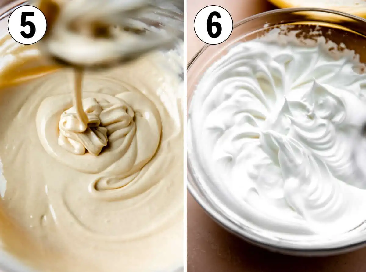 Smooth and creamy batter. Egg whites being whipped to stiff peaks.