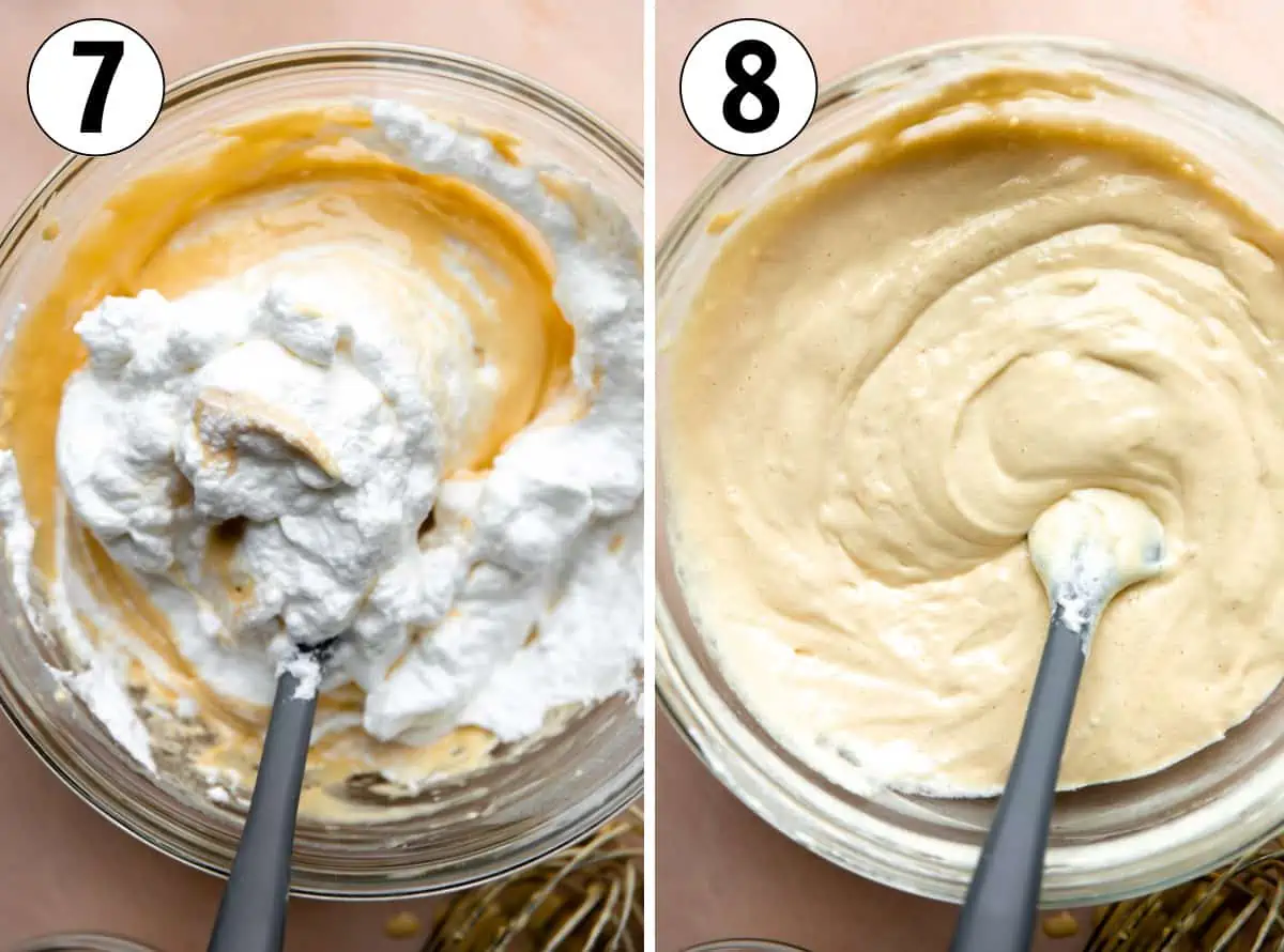 Stiff egg whites added to the cake batter and mixed until smooth.